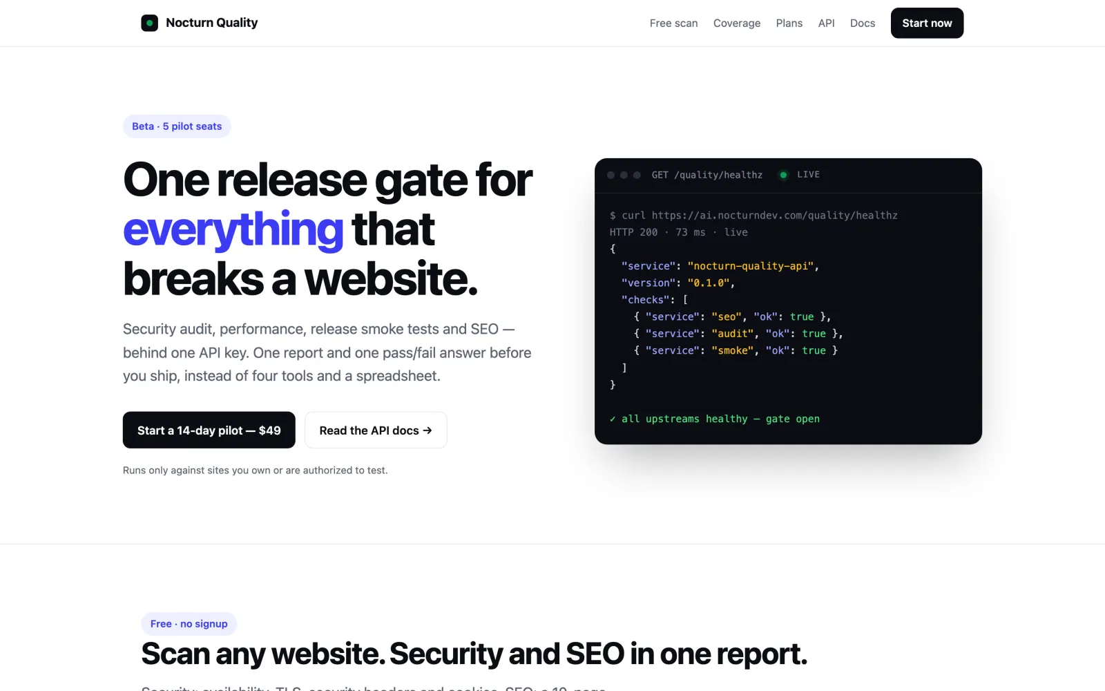 Nocturn Quality — home page of the live product